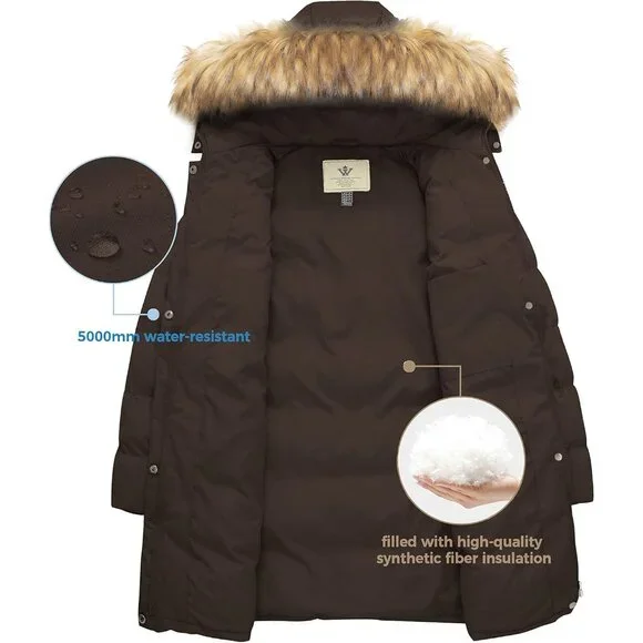 Women's Coffee Winter Thicken Puffer Coat Warm Jacket With Removable Hood